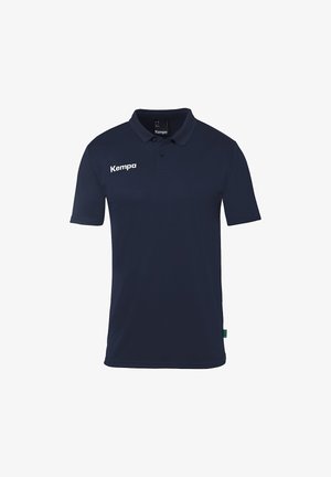 Marineblå polo-skjorte lavet af glat stof, med krave, korte ærmer og et hvidt "Kempa" logo på venstre bryst.