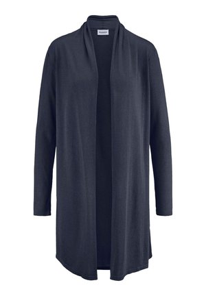 Cardigan a maniche lunghe grigio scuro, aperto sul davanti, con una vestibilità comoda e senza bottoni o chiusure visibili, mostrato su sfondo bianco.