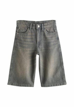 Mid-length grey denim shorts with front button, zipper, belt loops, and five-pocket design, shown flat against white background.