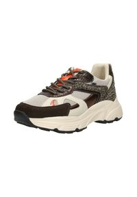 Sneakers met een mix van licht en donkerbruin gaas en kalfsleer, met een textuurontwerp, oranje veters en een flinke witte zool.