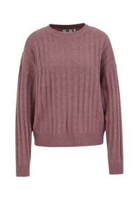 Geribbelde gebreide trui in stoffig roze, met een ronde halslijn en verlaagde schouders, voorzien van een gestructureerde afwerking en geribbelde zoom.