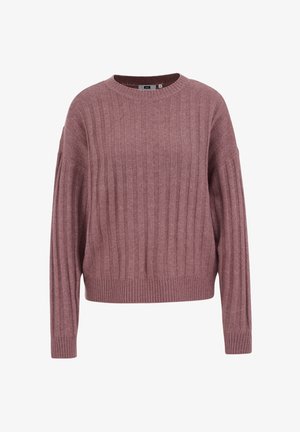 Geribbelde gebreide trui in stoffig roze, met een ronde halslijn en verlaagde schouders, voorzien van een gestructureerde afwerking en geribbelde zoom.