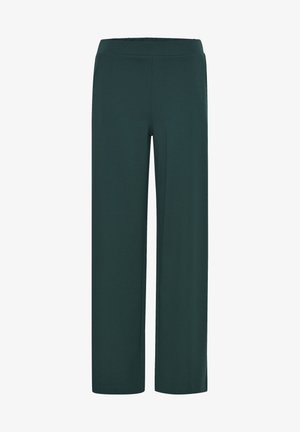 Zaļas, platajās kājās bikses, kas izgatavotas no mīksta auduma, ar elastīgu jostasvietu un gludu, neizrotātu dizainu.