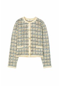 Cárdigan de punto texturizado en crema, azul y beige, con mangas largas, escote redondo, botones en el frente y dos pequeños bolsillos frontales.