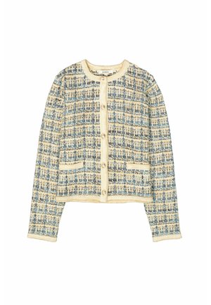 Crème, blauwe en beige textuurgebreide cardigan met lange mouwen, ronde halslijn, eenrijgsluiting en twee kleine voorzakken.