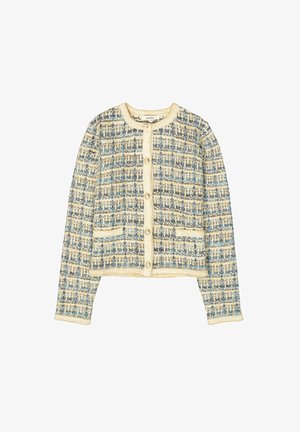 Crème, blauwe en beige textuurgebreide cardigan met lange mouwen, ronde halslijn, eenrijgsluiting en twee kleine voorzakken.