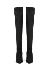 Black over-the-knee boots made of soft suede material, featuring a pointed toe, high heel, and side zippers with metallic accents.