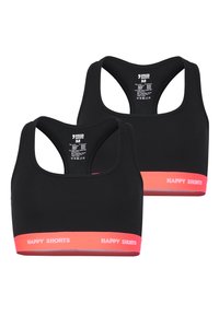 Soutiens-gorge de sport noirs avec un design dos nageur, arborant une bande rose avec l'inscription « HAPPY SHORTS » en bas. Fabriqué à partir d'un matériau lisse et extensible.