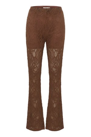 Pantalons en dentelle marron évasés, présentant un motif floral détaillé et une finition texturée, avec une taille élastique pour le confort.
