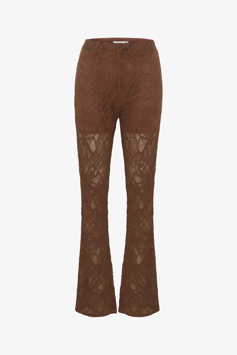 Brown, flared lace pants featuring a detailed floral pattern and textured finish, with a stretchy waistband for comfort.