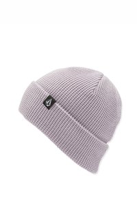 Light purple knitted beanie with a turned-up cuff, featuring a small black logo tag on the side. Texture is woven and airy.