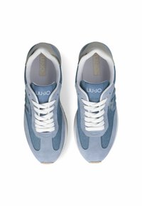 Blue suede and fabric sneakers with white laces, rounded toe, and a textured side design. LIU JO logo on tongue, rubber sole.