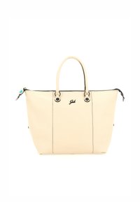 Grande borsa tote in pelle beige con dettagli neri, due manici, chiusura con zip e logo sul davanti. Presenta un dettaglio turchese sulla cerniera.