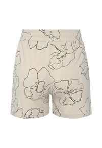 Beige shorts met elastische tailleband, voorzien van een contrasterend zwart bloemenomtrekpatie. Glad textuur met een relaxte pasvorm, geschikt voor casual dragen.