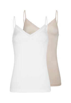 Zwei ärmellose Camisole mit dünnen Trägern und Spitzenbesatz, eine vorne weiß und eine beige hinten, auf weißem Hintergrund gezeigt.