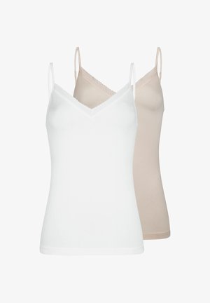 Zwei ärmellose Camisole mit dünnen Trägern und Spitzenbesatz, eine vorne weiß und eine beige hinten, auf weißem Hintergrund gezeigt.