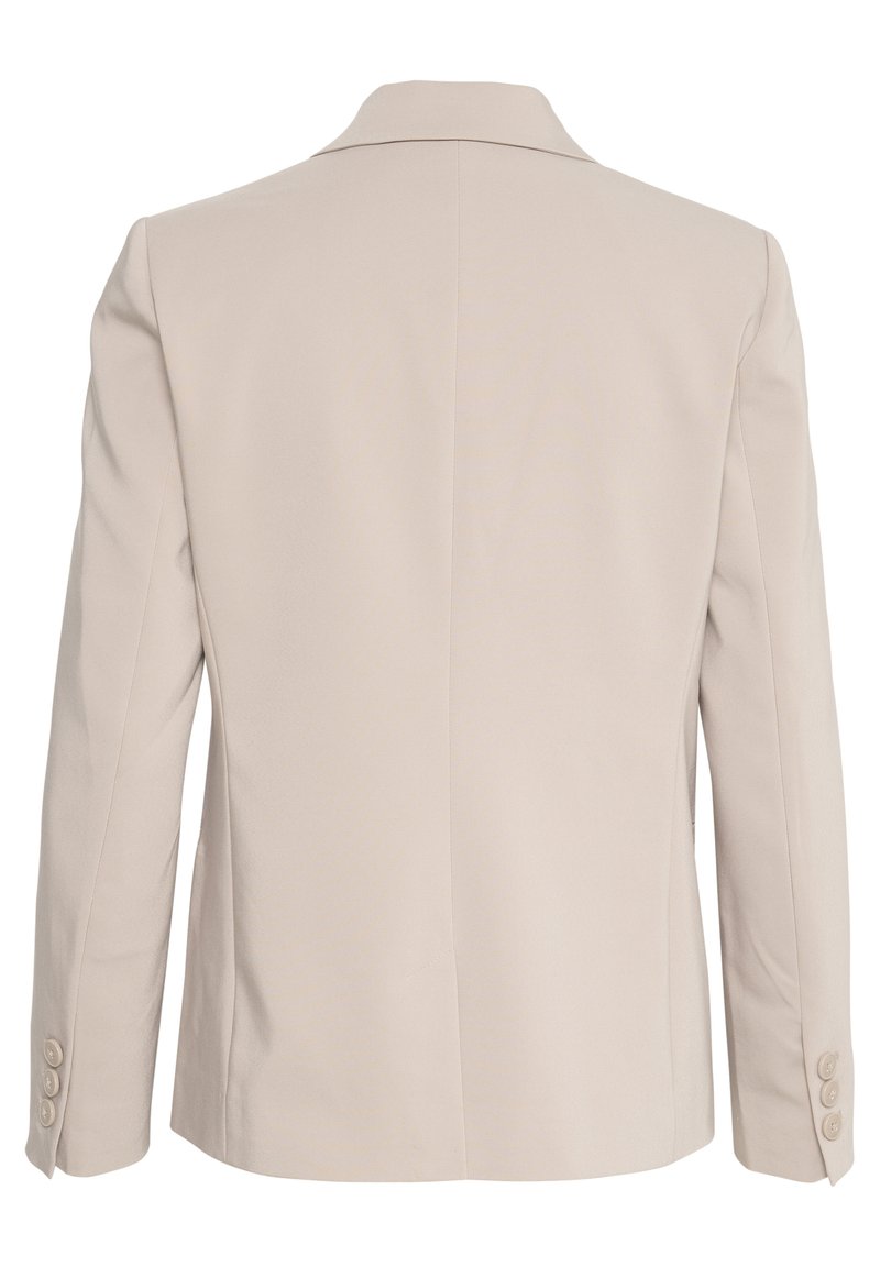 Beiger Blazer mit klassischem Kragen, langen Ärmeln und geknöpften Manschetten. Verfügt über strukturierte Schultern und eine glatte Stoffoberfläche.