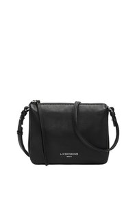 Borsa a tracolla in pelle nera con forma rettangolare, chiusura a zip e tracolla regolabile. Presenta il logo bianco del marchio sul davanti.