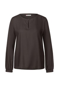 Zwarte blouse met lange mouwen en een ronde halslijn, met een kleine sleutelgatdetail aan de voorkant. Gemaakt van soepele stof, met geplooide manchetten.