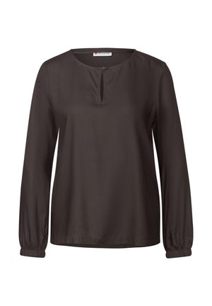 Black long-sleeve blouse with a round neckline and a small keyhole detail at the front. Made from smooth fabric, with gathered cuffs.