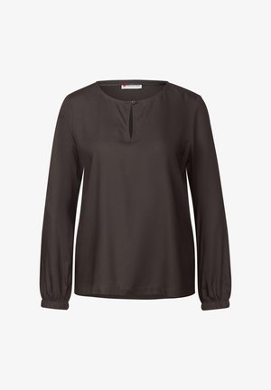 Czarna bluzka z długim rękawem, okrągłym dekoltem i małym otworem z przodu. Wykonana z gładkiego materiału, z marszczonymi mankietami.