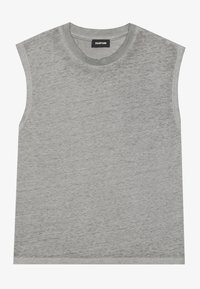 Gray sleeveless cotton t-shirt with a round neckline, smooth texture, and slight heather pattern; labels a minimalistic design.