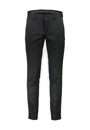 Schwarze maßgeschneiderte Hose mit flacher Vorderseite, Gürtelschlaufen und schlankem Schnitt, aus glattem Stoff mit dezentem Glanz.