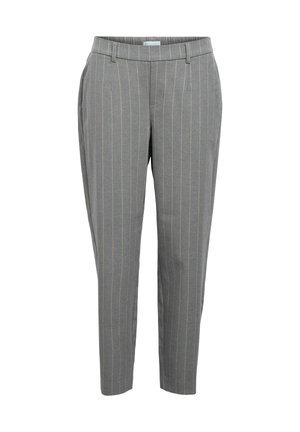 Pantalons ajustés gris avec un motif à rayures légères jaunes. Comprend une taille plate, des poches et une coupe fuselée.