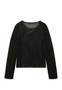 Haut noir à manches longues en tissu en filet ouvert ; présente un col rond et une coupe ample, permettant de voir les couches en dessous.