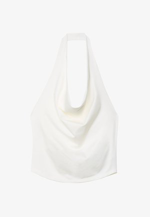 White halter top made of smooth fabric, featuring a cowl neckline and an open back design. Simple, fitted shape without embellishments.