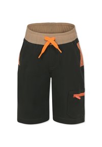 Bermuda neri con una cintura elastica beige e cordino arancione. Presenta cerniere arancioni e tasche laterali in rete per il contenimento.