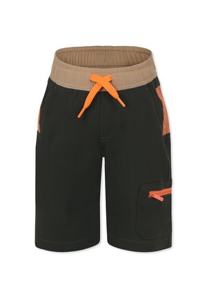 Shorts noirs avec une taille élastique beige et un cordon de serrage orange. Dotés de zips oranges et de poches latérales en mesh pour le rangement.