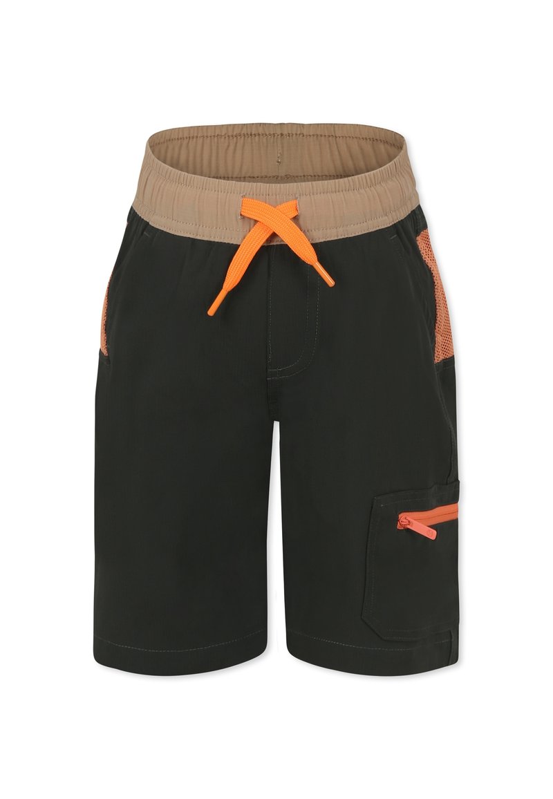Bermuda neri con una cintura elastica beige e cordino arancione. Presenta cerniere arancioni e tasche laterali in rete per il contenimento.