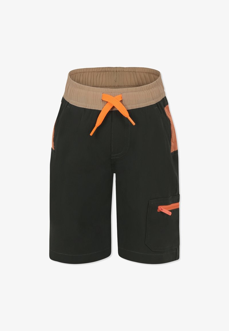 Shorts noirs avec une taille élastique beige et un cordon de serrage orange. Dotés de zips oranges et de poches latérales en mesh pour le rangement.