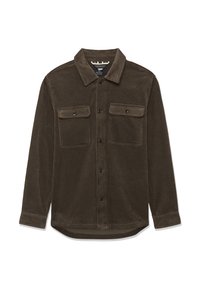 Pruunist korduroost valmistatud särk-jakk, millel on teravatipuline krae, kaks rinna taskut ja nööbisisu. Tekstureeritud kanga vertikaalse ribaga detail.