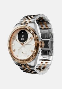 Silberne und roségoldene Smartwatch mit rundem Zifferblatt, weißem Ziffernblatt, schwarzem EKG-Display und einem Edelstahlarmband mit einem Gliederdesign.