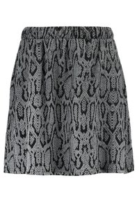 Sukně s hadím vzorem v černé a stříbrné barvě s elastickým pasem, která má volný střih a strukturovaný vzor po celé ploše.