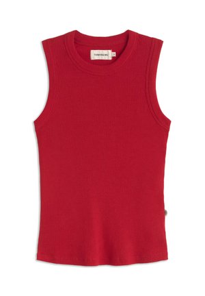 Top rosso senza maniche in maglia a coste con scollo rotondo e piccola etichetta del marchio all'interno del colletto.