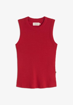 Top rosso senza maniche in maglia a coste con scollo rotondo e piccola etichetta del marchio all'interno del colletto.