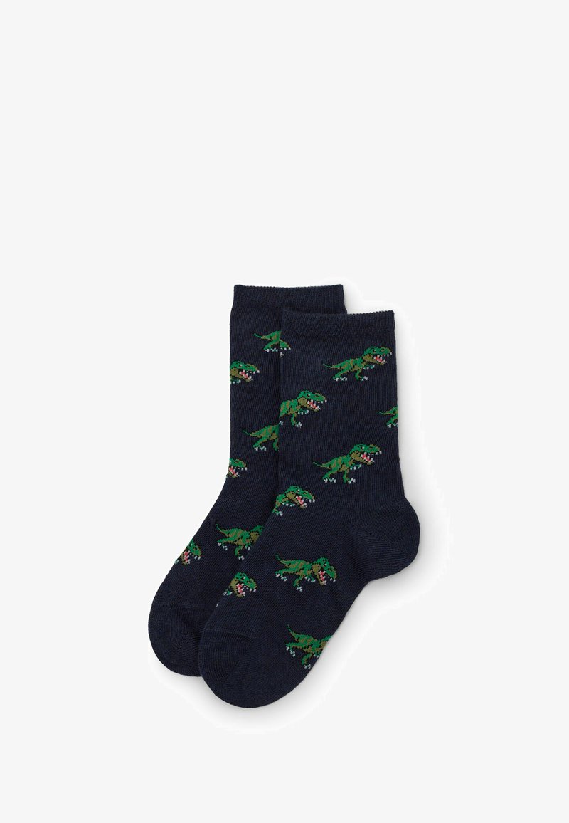 Calze blu con motivo di dinosauri verdi. Realizzate in un materiale morbido e strutturato. Lunghezza alla caviglia con punta e tallone rinforzati.