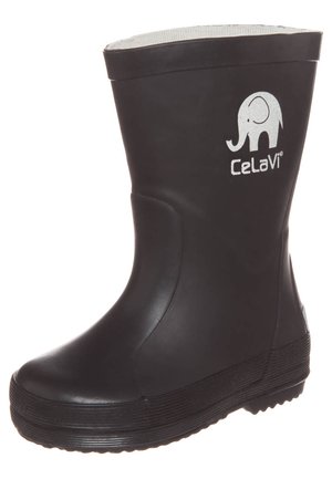 Schwarzer Gummiregenstiefel mit glatter Textur und einem weißen Elefantenlogo. Verfügt über eine geriffelte Sohle und ein einfaches, praktisches Design.