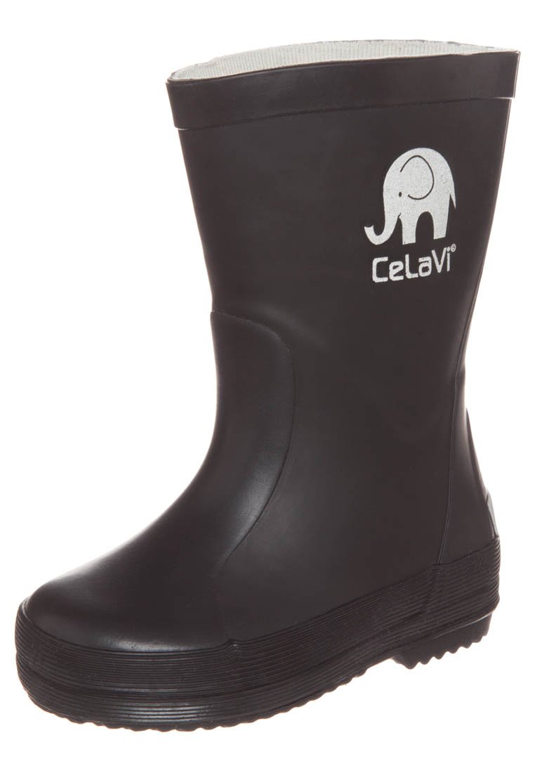 Botte de pluie en caoutchouc noire avec une texture lisse et un logo d'éléphant blanc. Elle présente une semelle nervurée et un design simple et pratique.