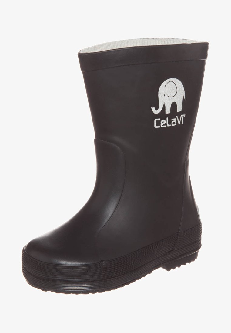 Botte de pluie en caoutchouc noire avec une texture lisse et un logo d'éléphant blanc. Elle présente une semelle nervurée et un design simple et pratique.