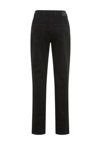 Jeans in denim nero con un taglio dritto, cinque tasche e un'etichetta con il logo in vita. Il tessuto è solido e leggermente testurizzato.