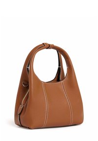 Brown leather handbag with a rounded top, two short handles, and white stitching accents. Zipper closure with a textured finish.