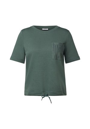 Green cotton T-shirt with short sleeves, a round neckline, front pocket, decorative detailing on the pocket, and adjustable drawstring hem.
