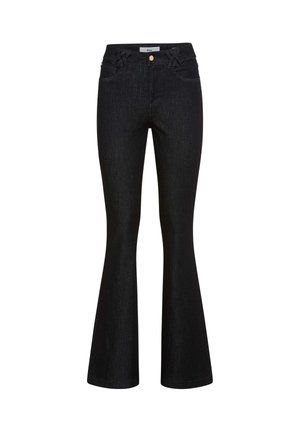 Black denim flared jeans with front pockets, gold button closure, and decorative braided belt loops at the waistband.