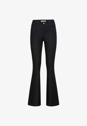 Jeans neri in denim a zampa con tasche anteriori, chiusura con bottone dorato e passanti decorativi intrecciati in vita.