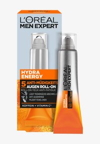 Roll-on anti-fatigue pour les yeux L'Oréal Men Expert Hydra Energy, contenant argenté et transparent, accents orange, doté d'un applicateur à bille.