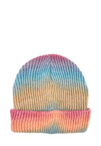 Gebreide muts in gradient kleuren, met blauwe, oranje en roze tinten. Gemaakt van zachte garen met een geribbelde boord. Lichtgewicht en flexibel.